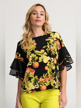 Joseph Ribkoff Black Citrus-Print Tunic Orange & Green Botanical Mesh Sleeves